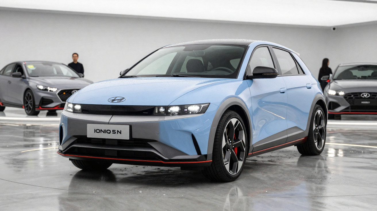 Carro elétrico Hyundai Ioniq 5 N azul exibido em showroom com piso brilhante e outros veículos ao fundo.