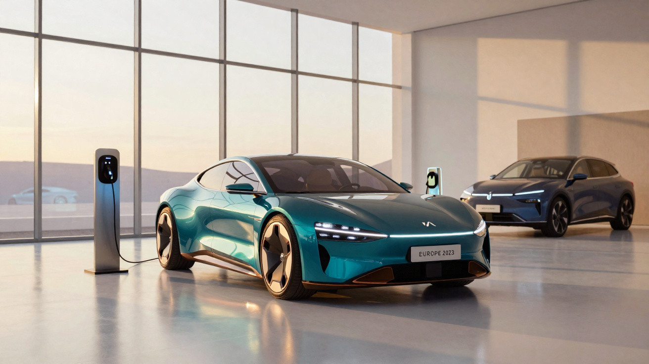 Dois carros elétricos modernos carregando em estações dentro de um ambiente com grandes janelas.