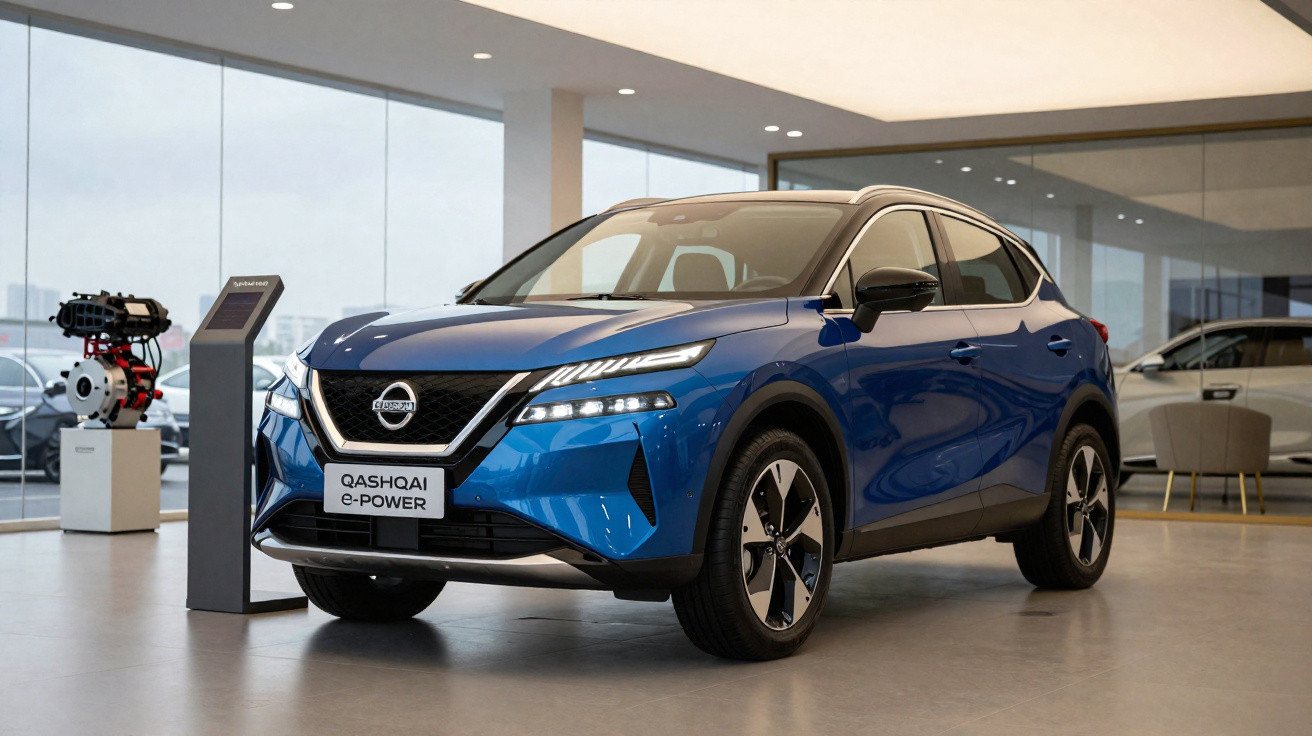 Carro SUV azul Nissan Qashqai e-Power exposto em showroom moderno com vidro e iluminação natural.