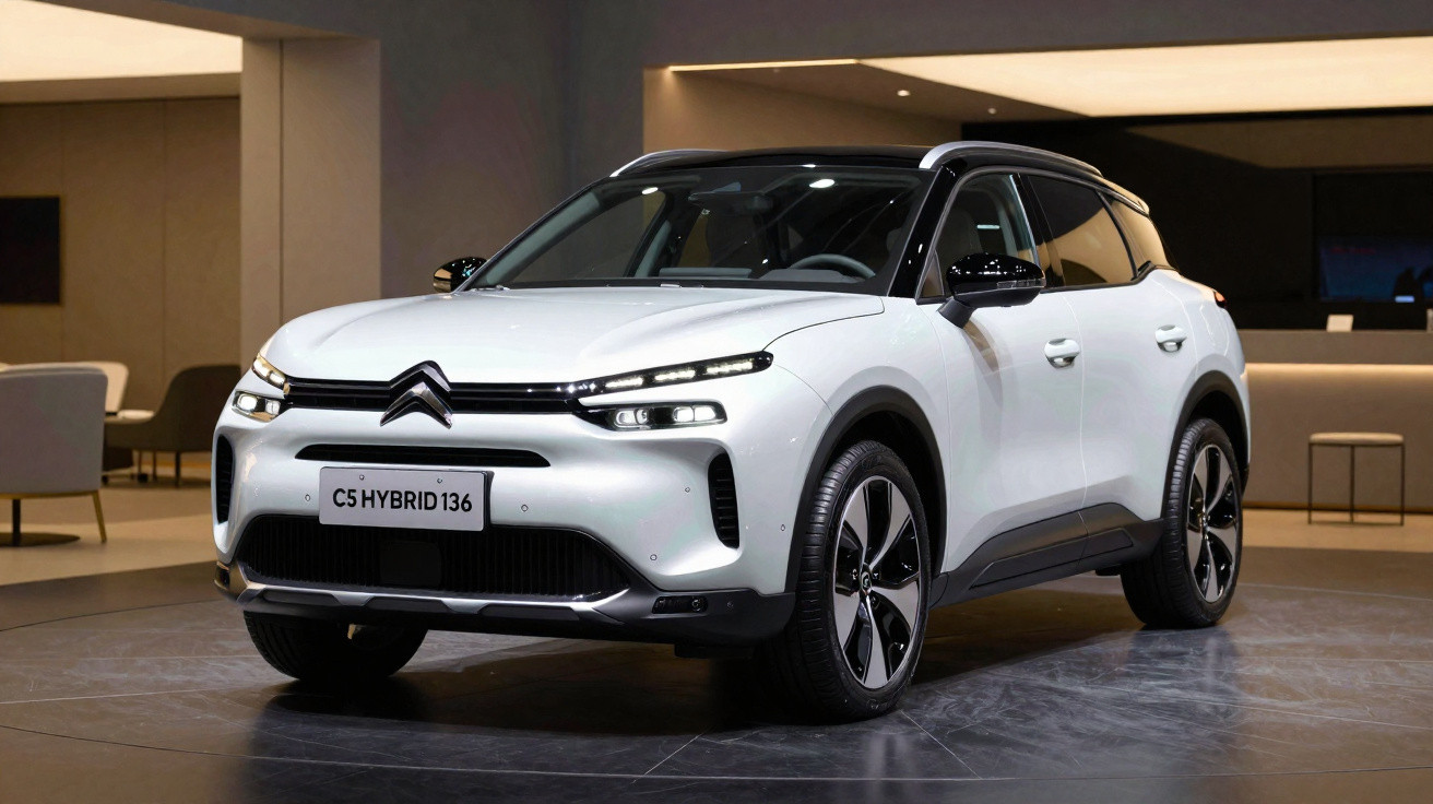 Carro Citroën C5 Hybrid branco exibido em ambiente interno moderno.