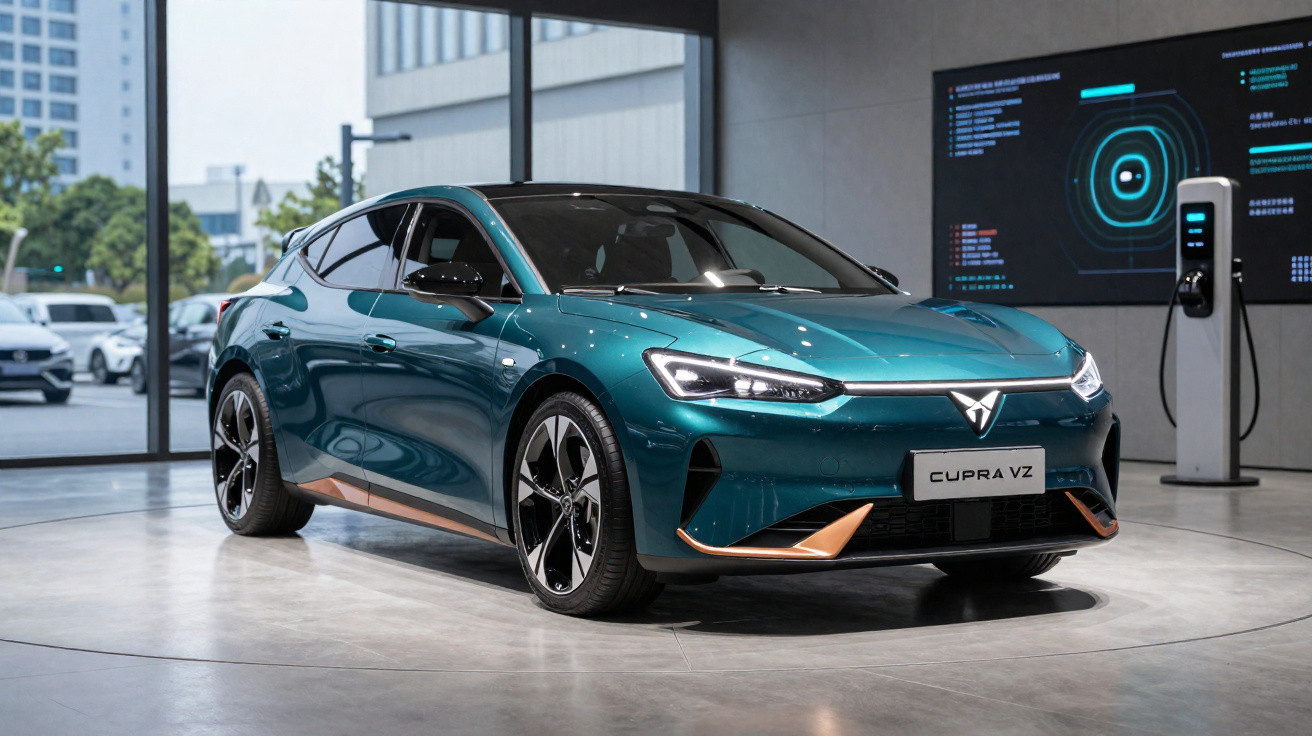 Carro elétrico esportivo azul metálico Cupra VZ exibido em showroom moderno e iluminado.