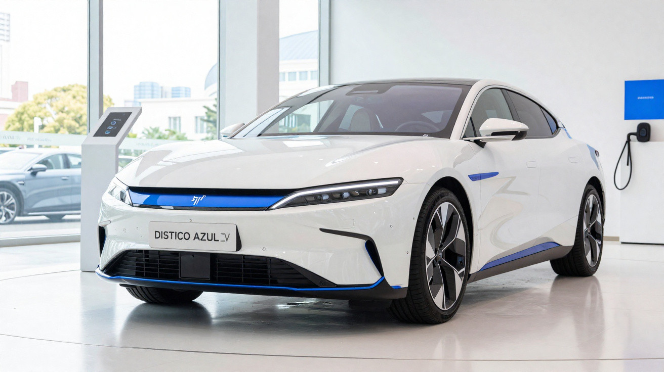 Carro elétrico branco com detalhes azuis exibido em showroom moderno e iluminado.