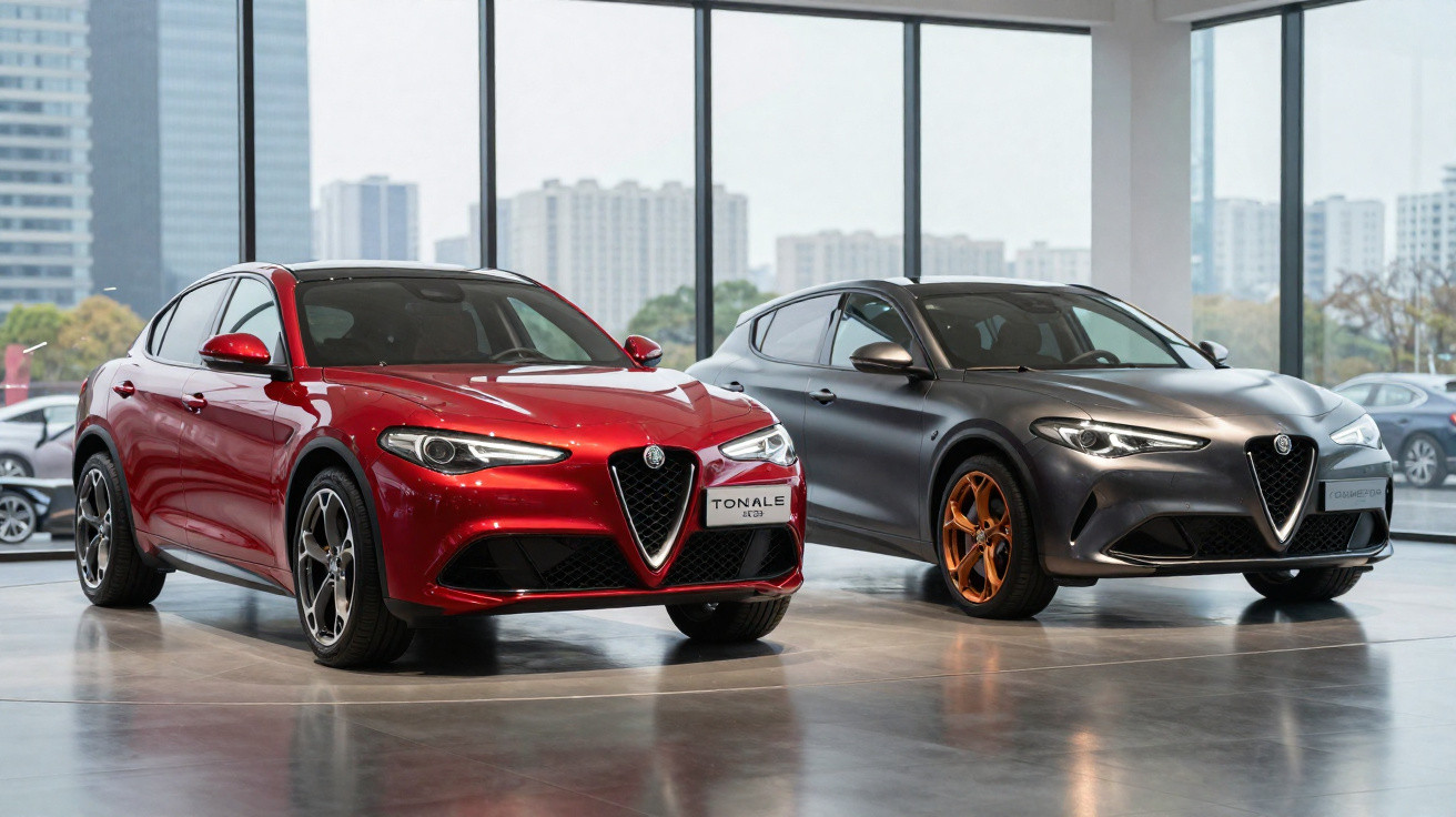 Dois carros Alfa Romeo Tonale exibidos em showroom com vidros grandes e vista urbana ao fundo.