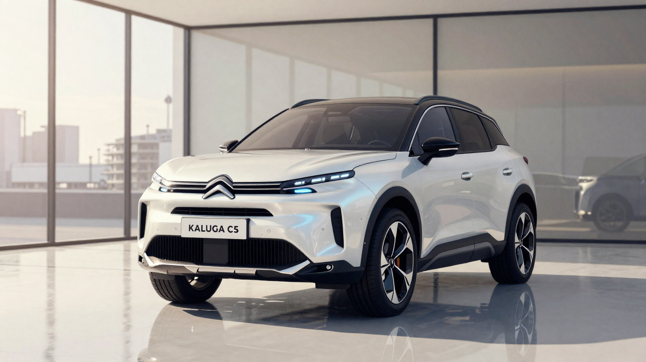 SUV branco Citroën Kaluga C5 estacionado em ambiente interno com grandes janelas de vidro.