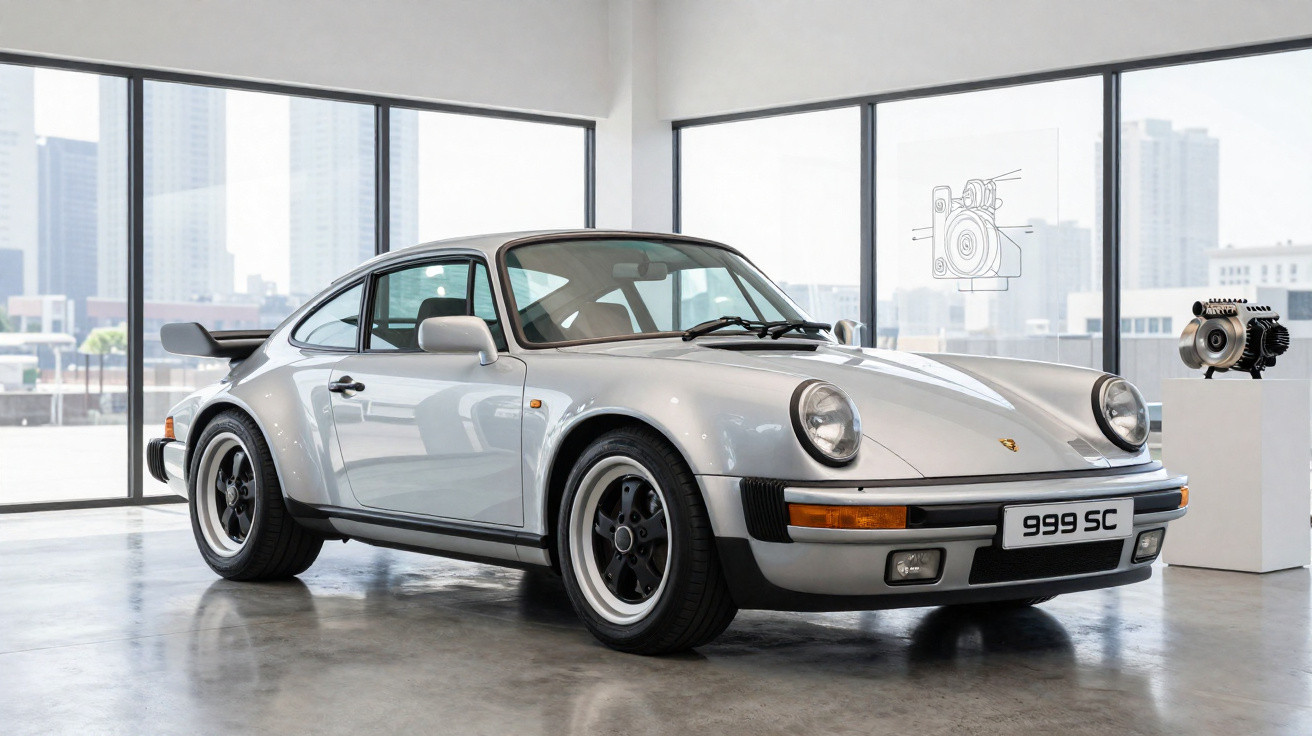 Carro esportivo Porsche 911 prata exibido em showroom com janelas grandes e motor em pedestal ao fundo.