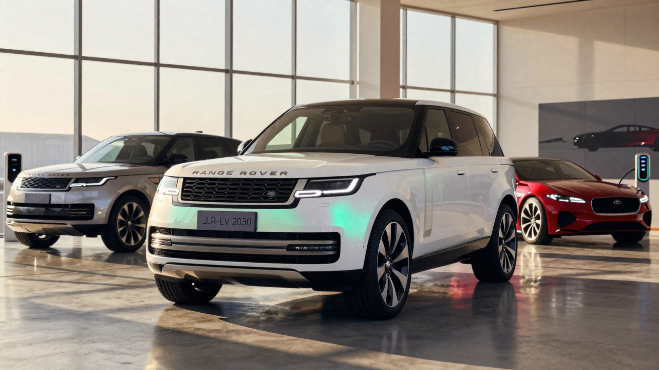 Três carros em showroom moderno, com Range Rover branco em destaque e veículo vermelho ao fundo.