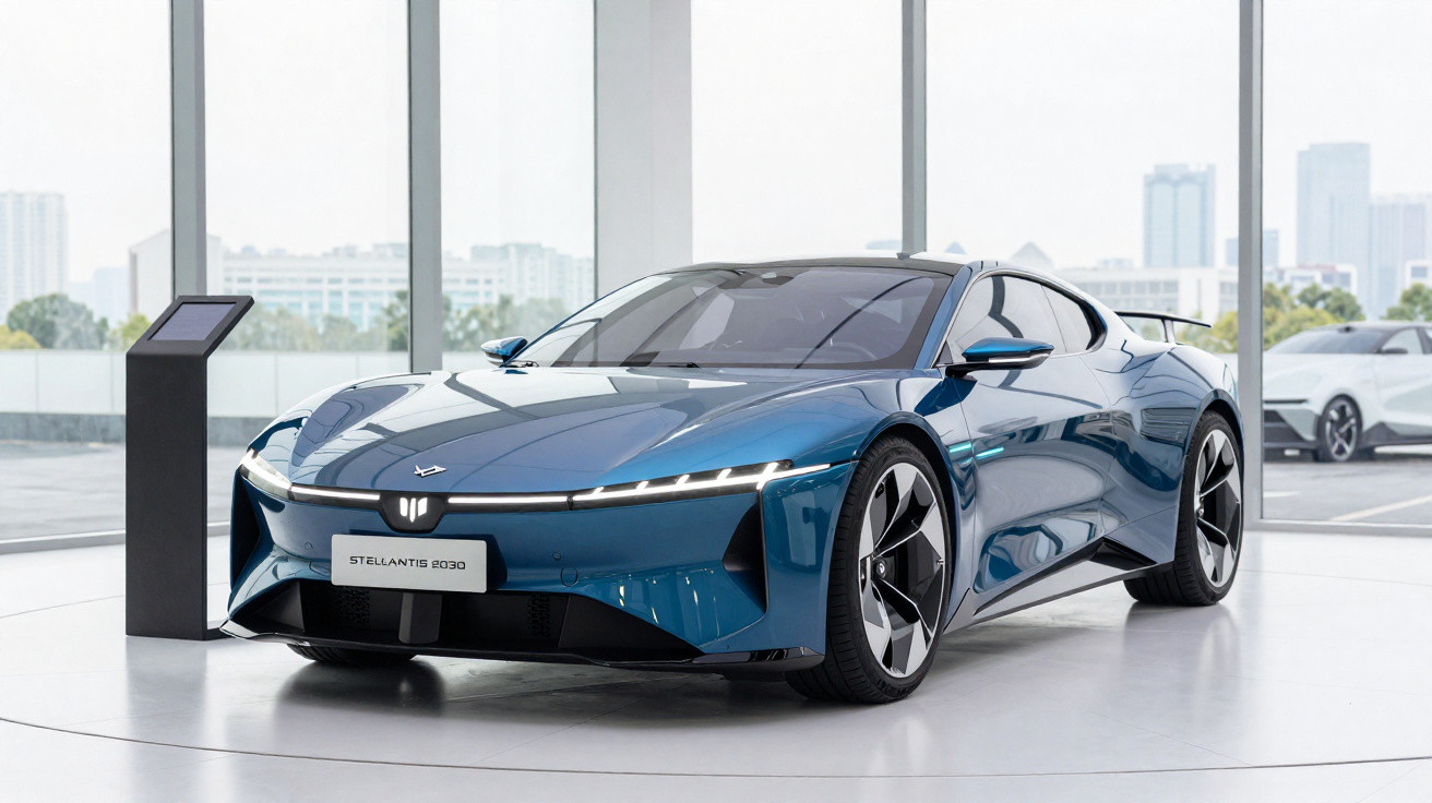Carro esportivo elétrico azul exposto em showroom moderno com janelas grandes e outros veículos ao fundo.
