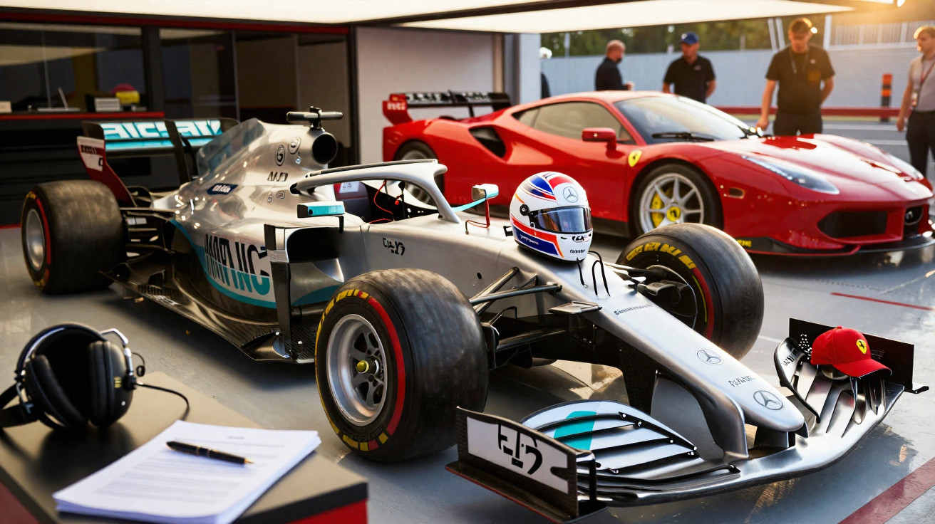 Carro de Fórmula 1 prata com piloto e capacete, ao lado de um carro esportivo vermelho Ferrari em box.