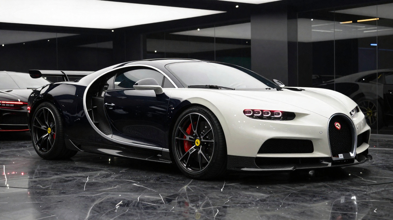 Carro esportivo Bugatti Chiron preto e branco estacionado em piso de mármore escuro.