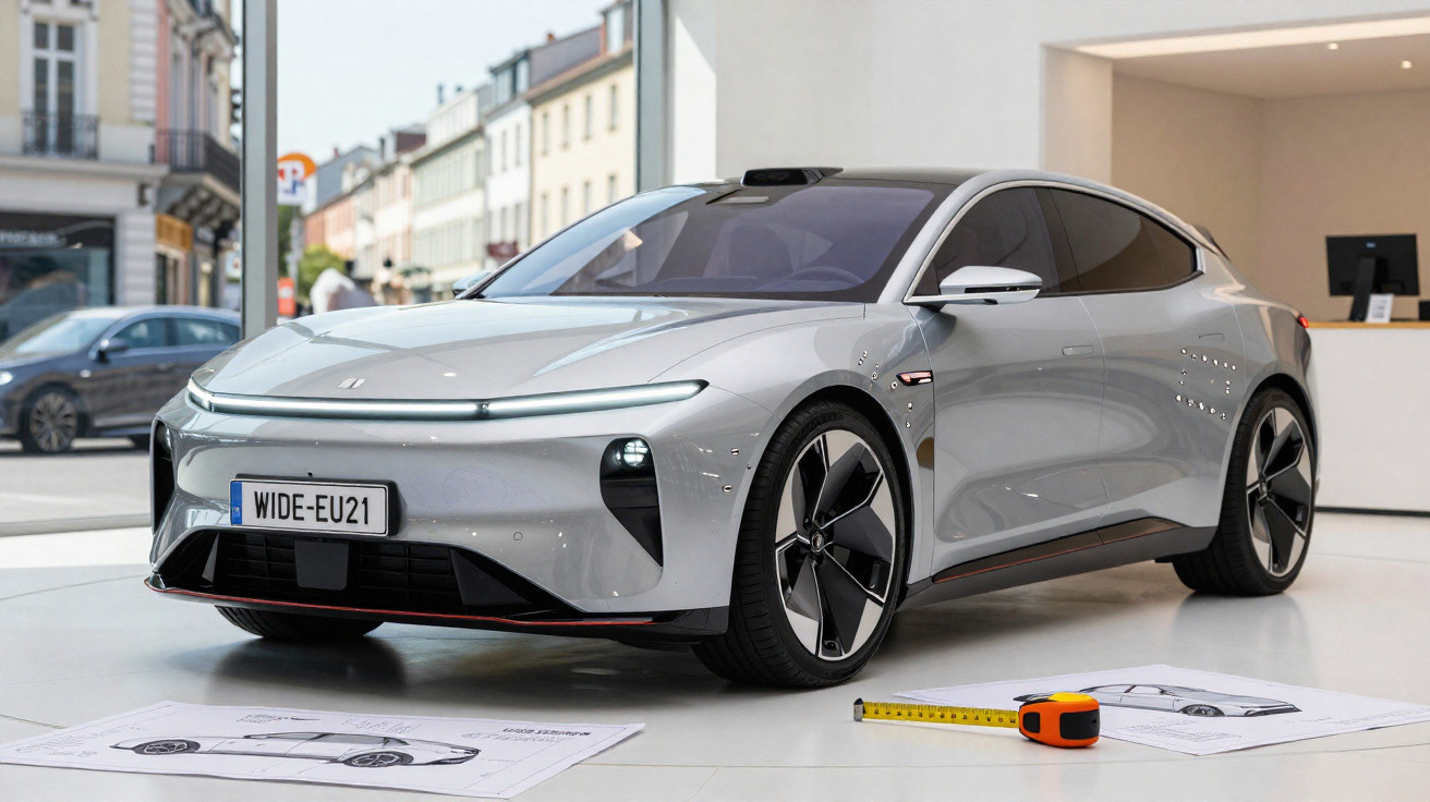 Carro elétrico moderno prata exibido em ambiente interno com plantas baixas e trena sobre a mesa branca.