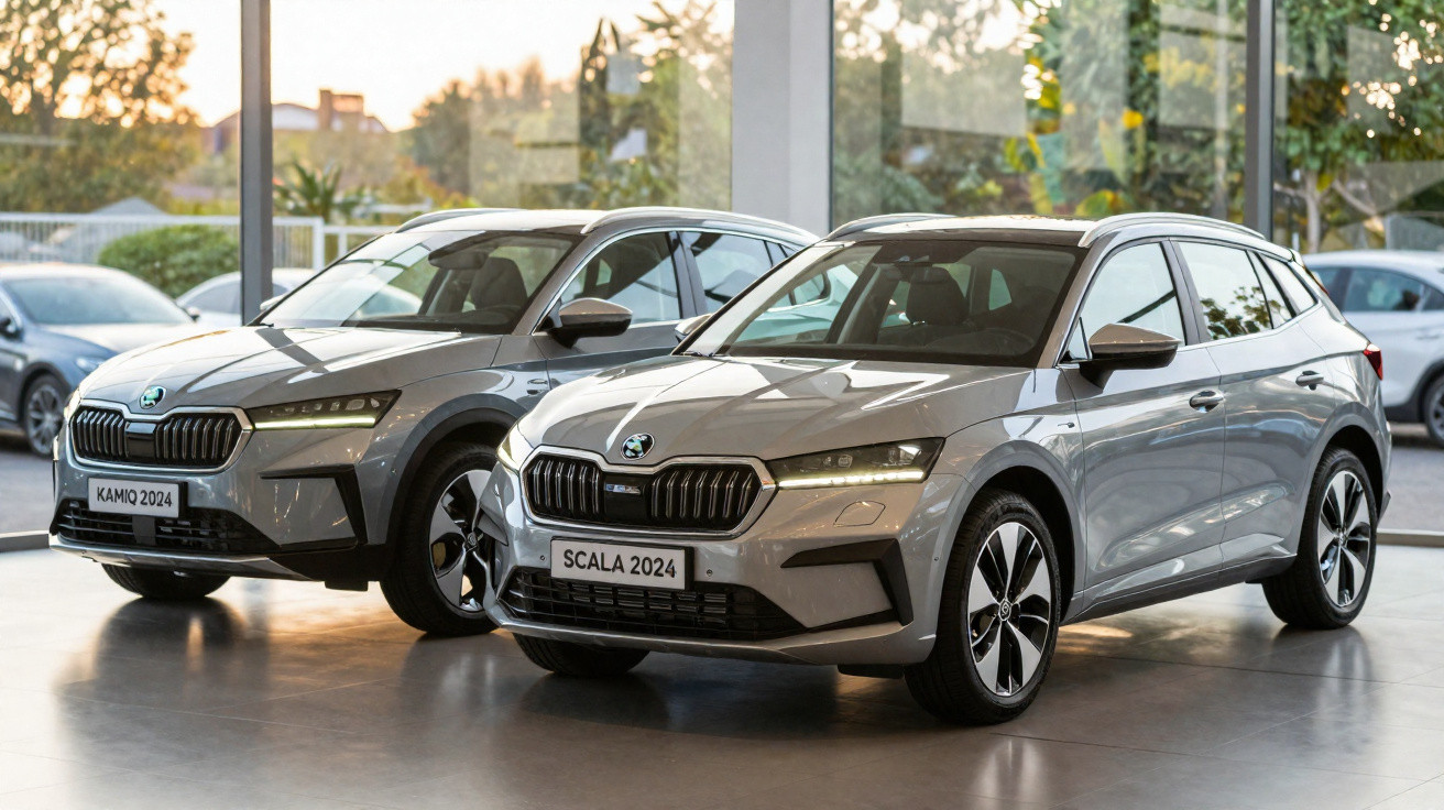 Dois carros Škoda prata modelo 2024 exibidos em showroom iluminado pela manhã.