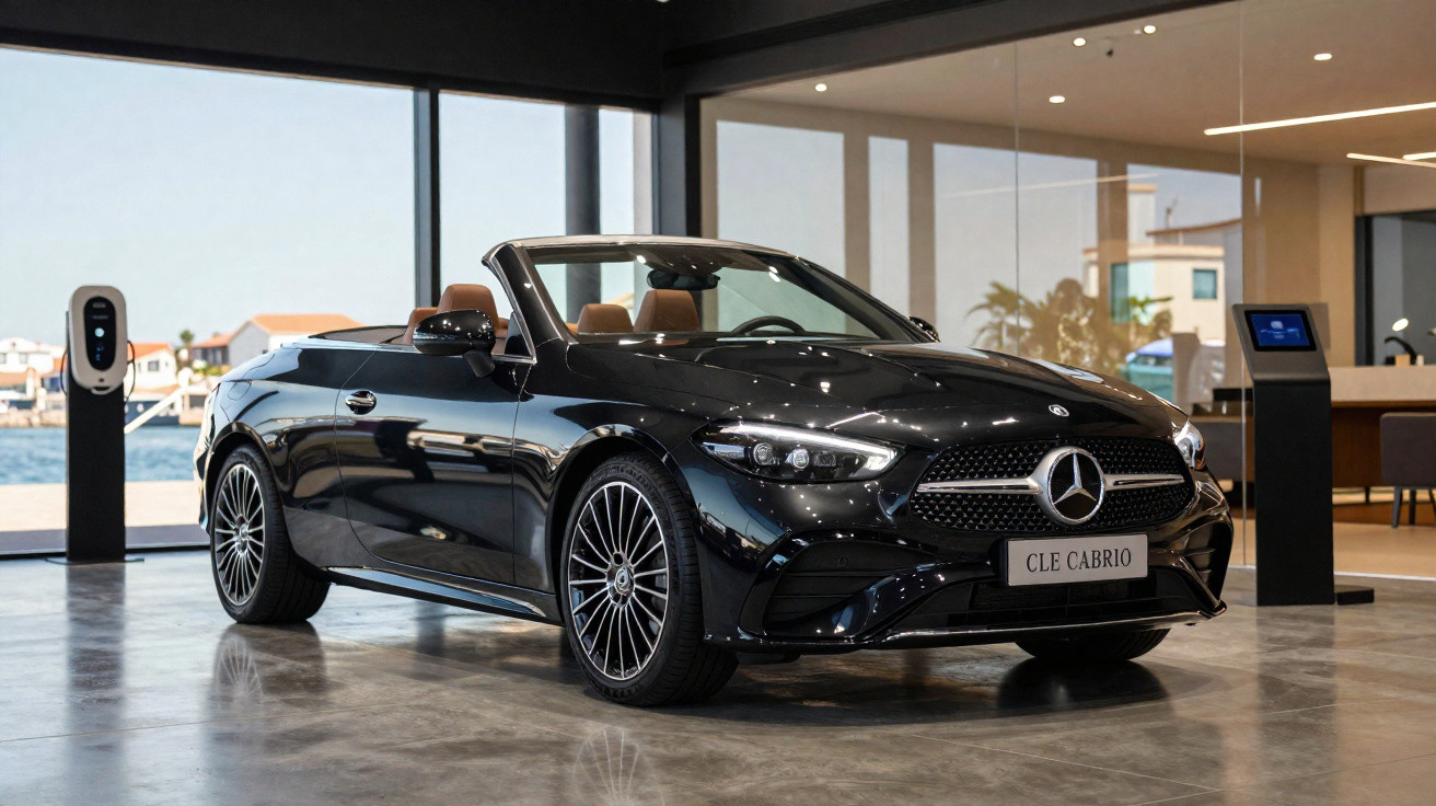 Carro conversível preto Mercedes-Benz CLE CABRIO exposto em showroom moderno com vista para o mar.