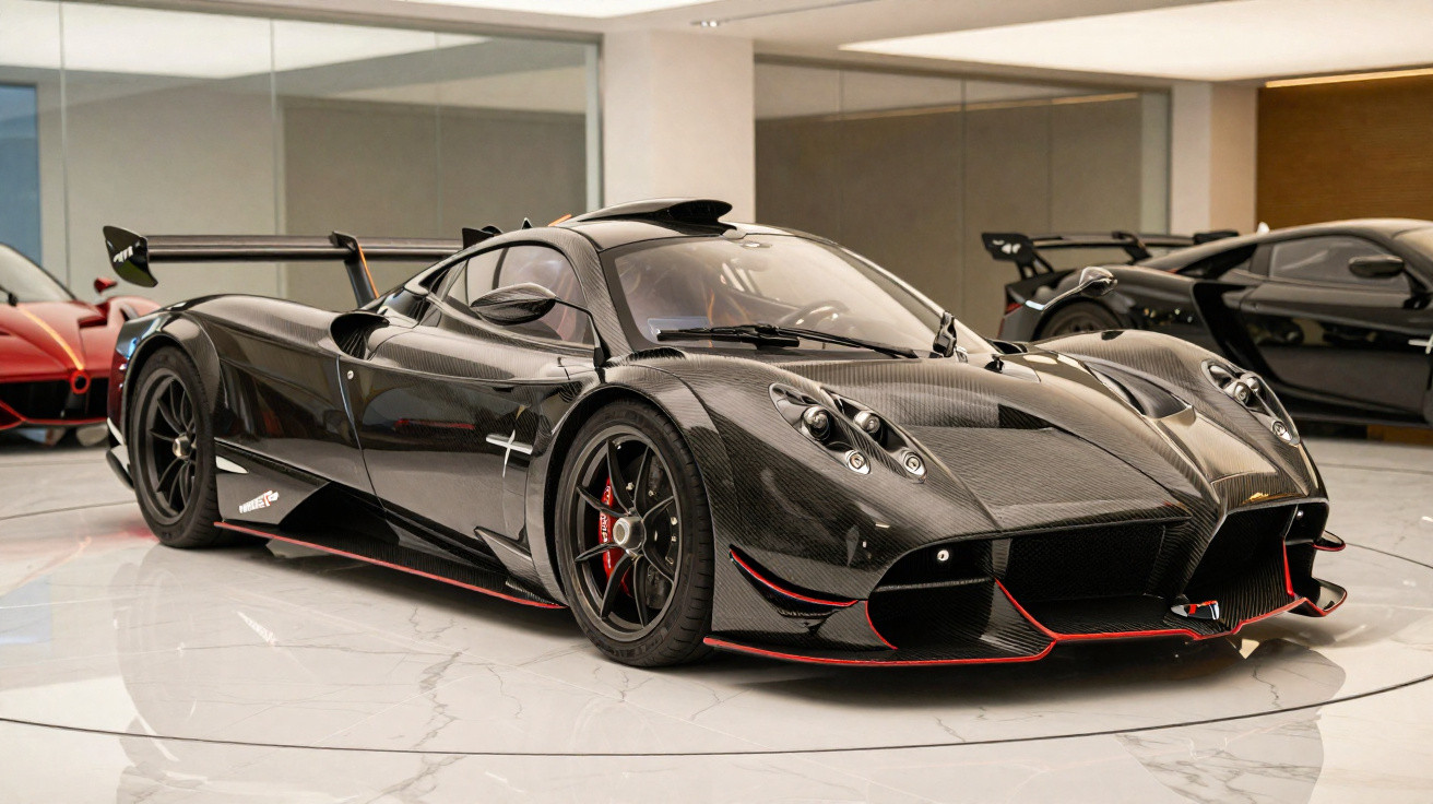 Carro esportivo preto com detalhes vermelhos em exposição em showroom moderno com piso branco e paredes de vidro.