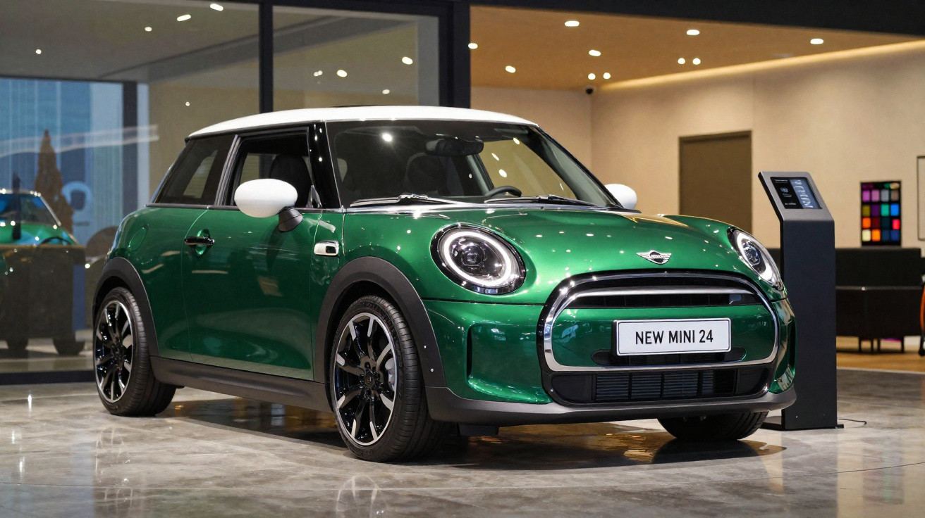 Carro Mini Cooper verde com teto branco, exposto em showroom moderno com piso refletivo.