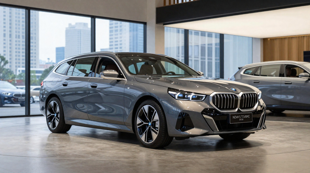 Carro cinza BMW Touring 228i estacionado em showroom moderno com janelas grandes e iluminação natural.