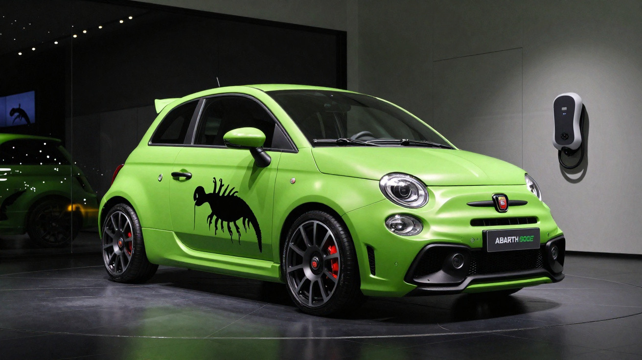 Carro esportivo compacto verde com adesivo preto de escorpião na porta, estacionado em ambiente interno.