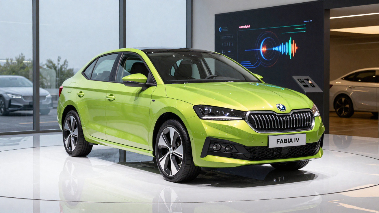 Carro Škoda Fabia IV verde limão exposto em showroom moderno com piso branco e painéis digitais ao fundo.