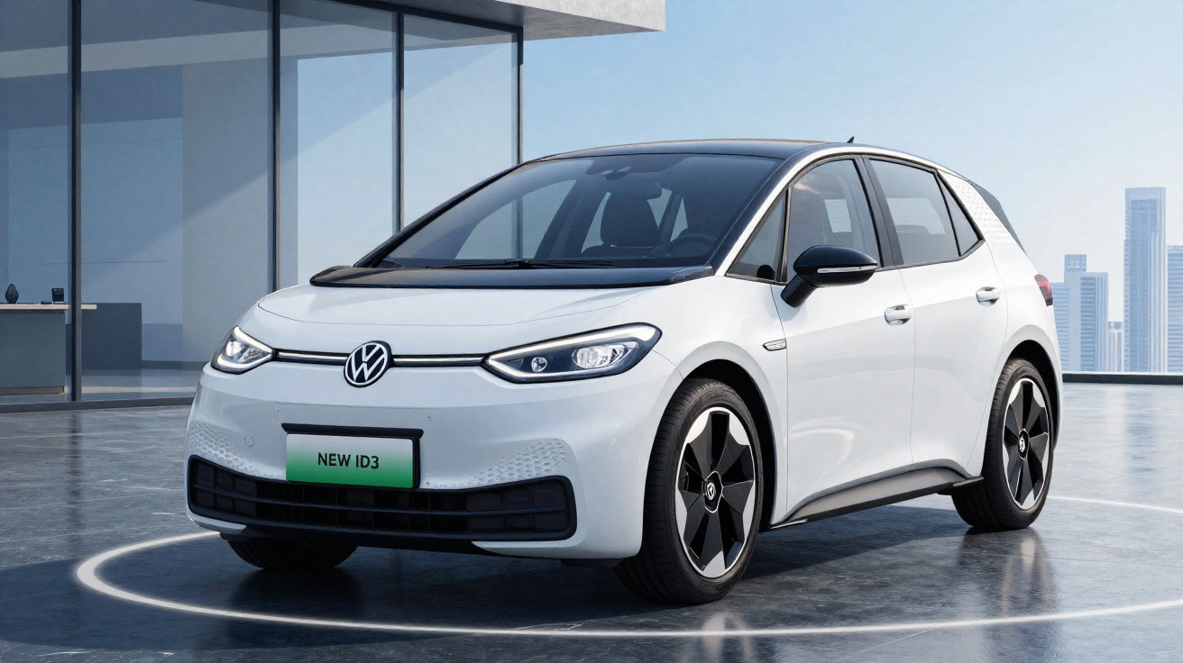 Carro elétrico branco Volkswagen ID.3 estacionado em piso refletivo com prédios ao fundo.