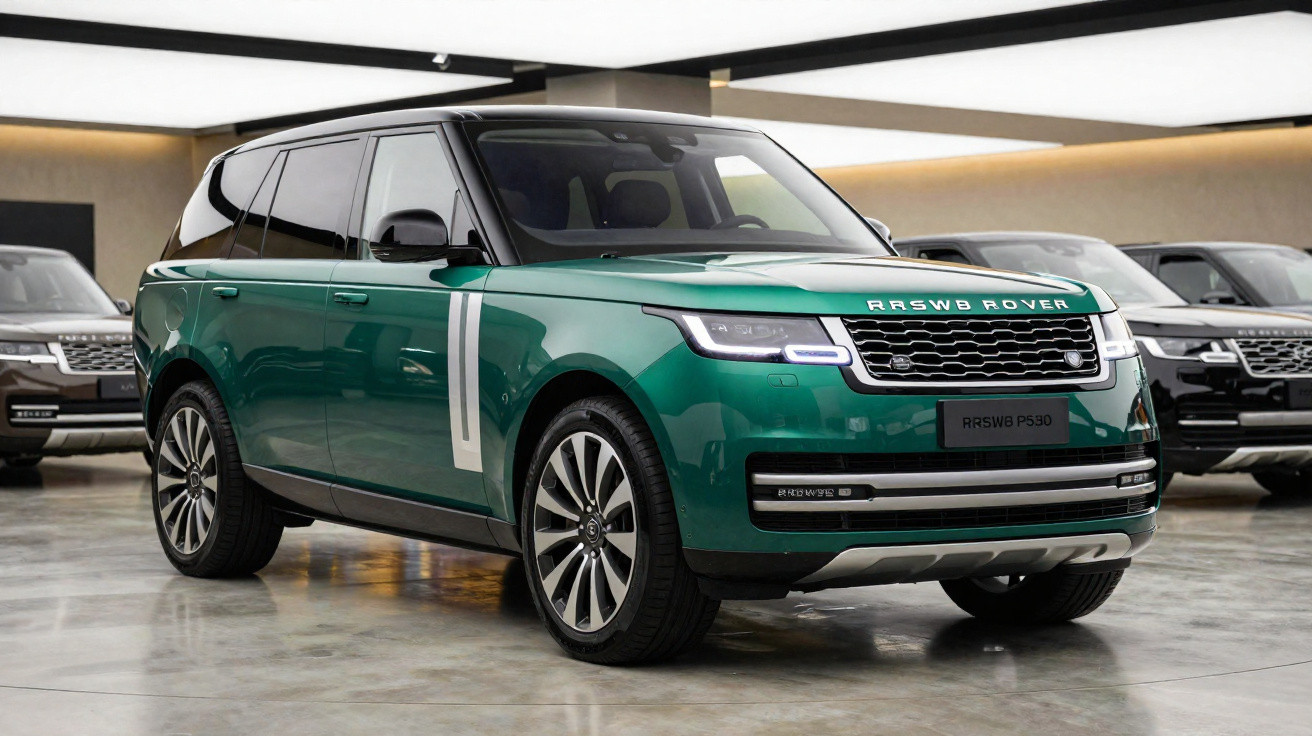 SUV verde metálico estacionado em showroom com outros veículos ao fundo e teto branco iluminado.