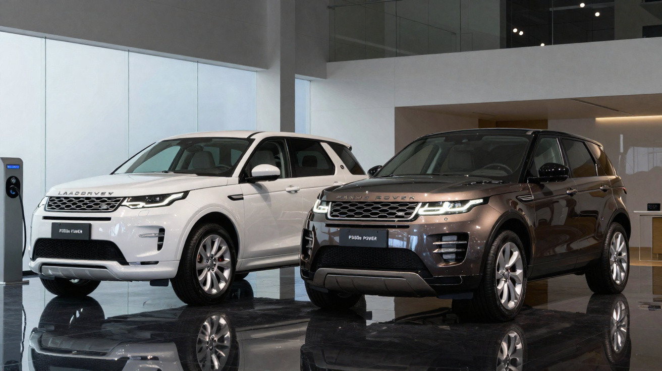 Dois SUVs Land Rover Range Rover Evoque na cor branca e preta exibidos em showroom moderno.