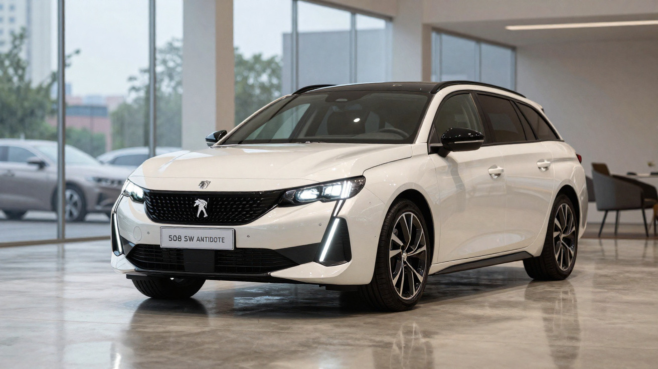 Carro Peugeot 508 SW Antidote branco com teto preto estacionado em showroom moderno.