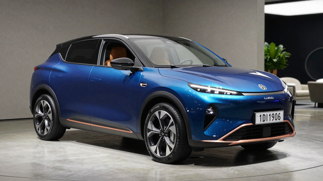 Carro elétrico azul metálico em exposição, com design moderno e interior bege visível pelas janelas.