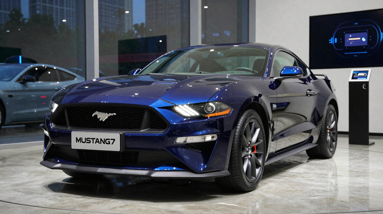 Carro esportivo Ford Mustang 2024 azul exibido em showroom moderno com painéis de vidro ao fundo.