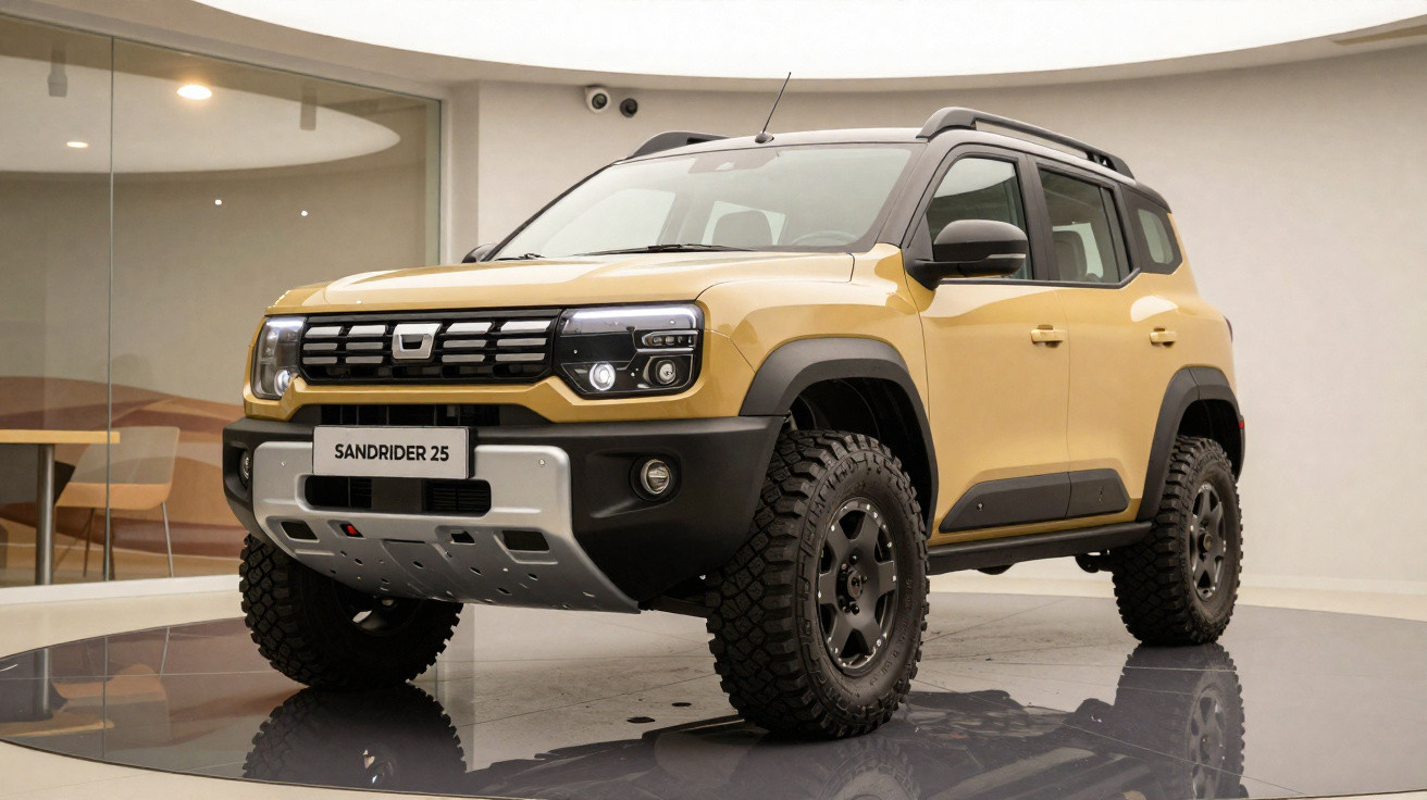 SUV bege Sandrider 25 estacionado em ambiente interno, com rodas off-road e detalhes pretos.
