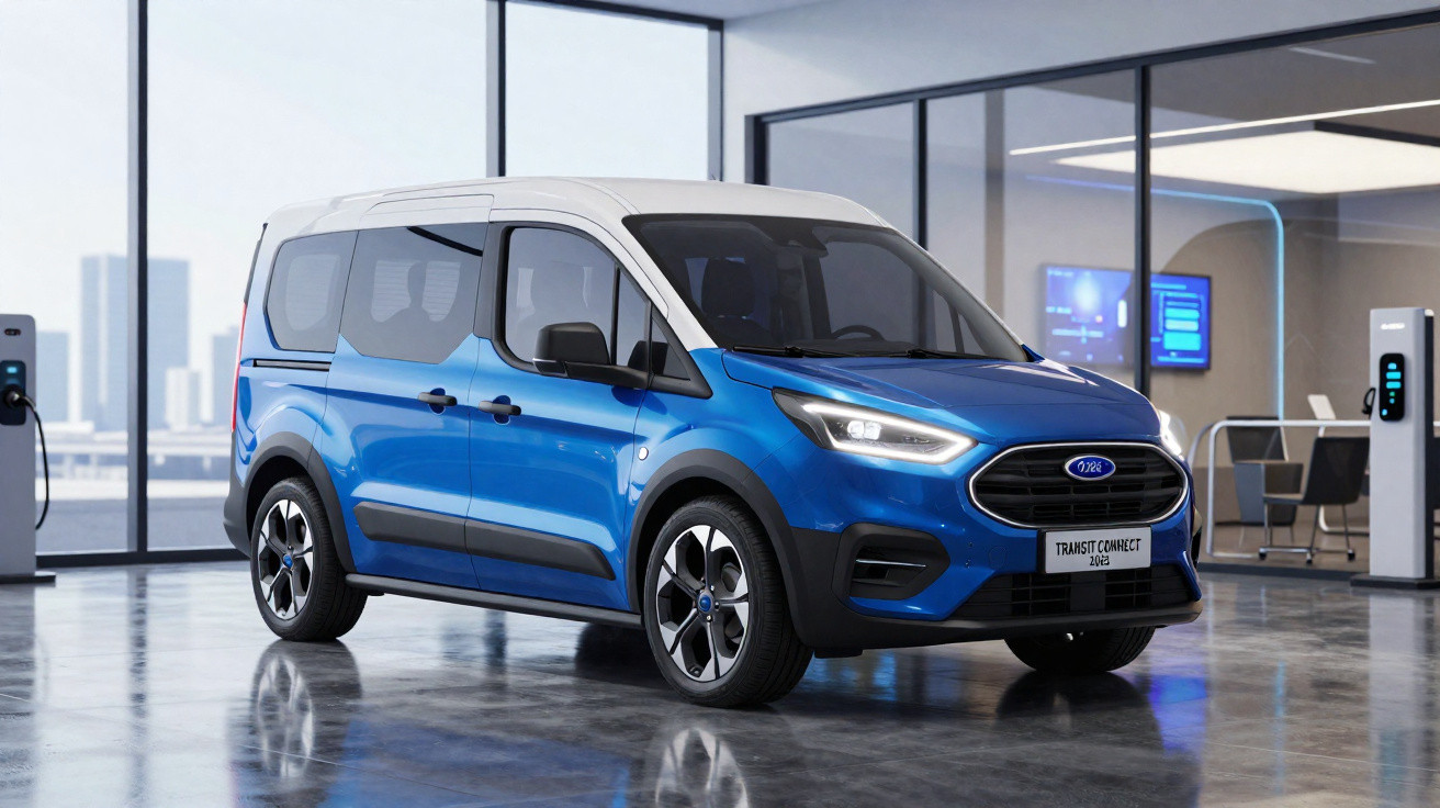 Van elétrica azul Ford Transit Connect 2024 estacionada em ambiente moderno interno.