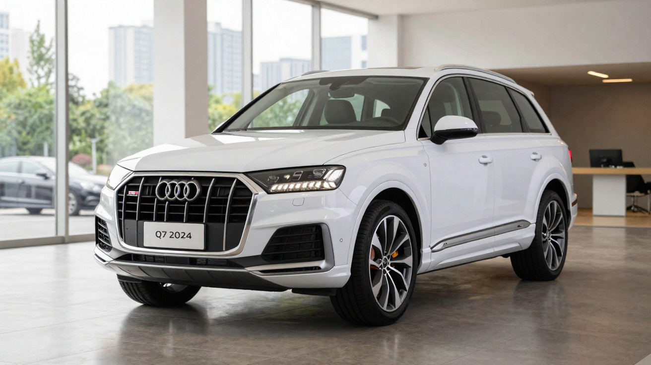 Audi Q7 2024 branco estacionado em ambiente interno com teto panorâmico e rodas esportivas.