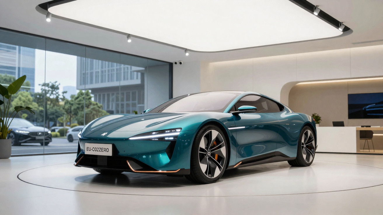 Carro esportivo elétrico verde em exposição moderna com janelas amplas e iluminação cênica.