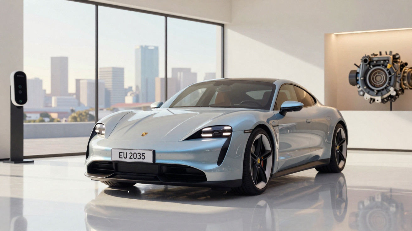 Carro esportivo prata Porsche Taycan em showroom moderno com janelas amplas e cidade ao fundo.
