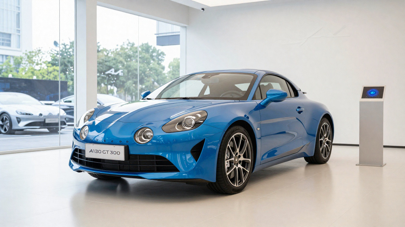 Carro esportivo azul Alpine A110 GT 300 exibido em showroom moderno com piso branco e parede clara.