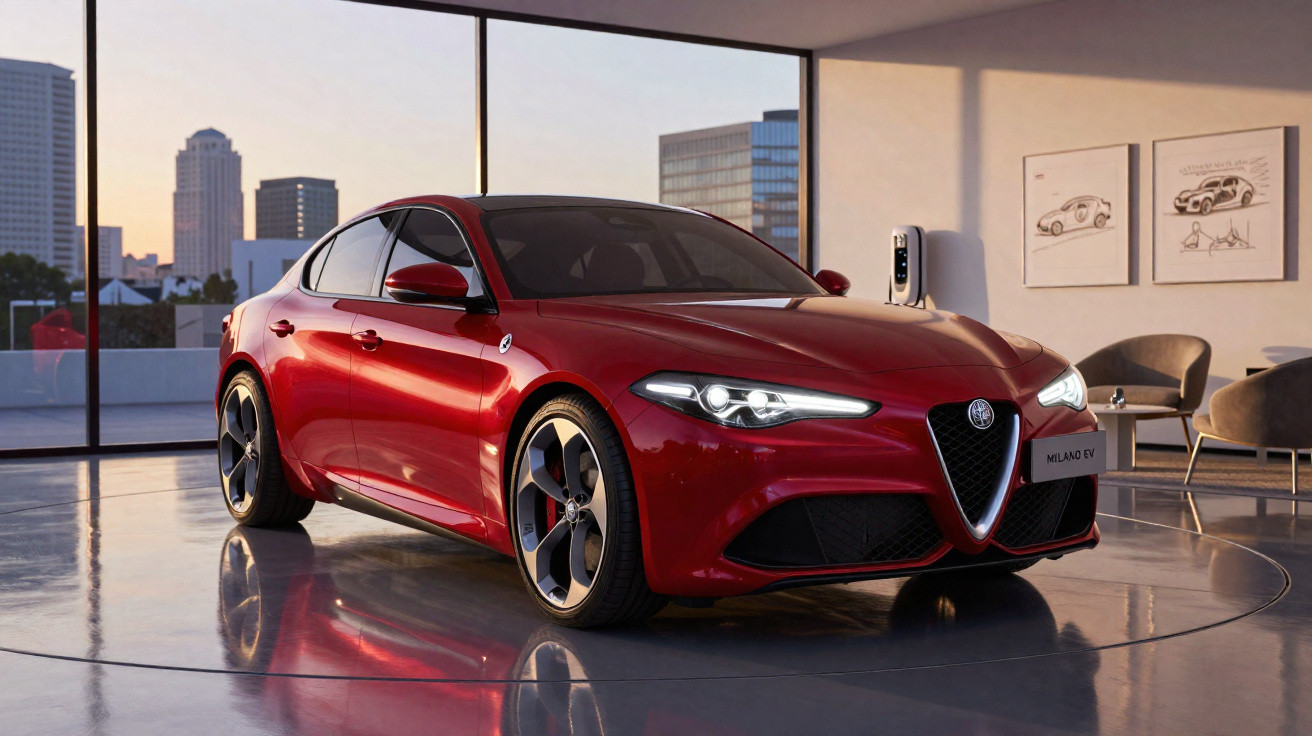 Carro esportivo Alfa Romeo vermelho estacionado em ambiente interno moderno com janelas grandes e vista da cidade.