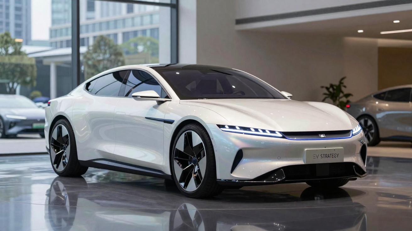 Carro elétrico branco com design moderno em exposição em showroom com iluminação natural e piso brilhante.