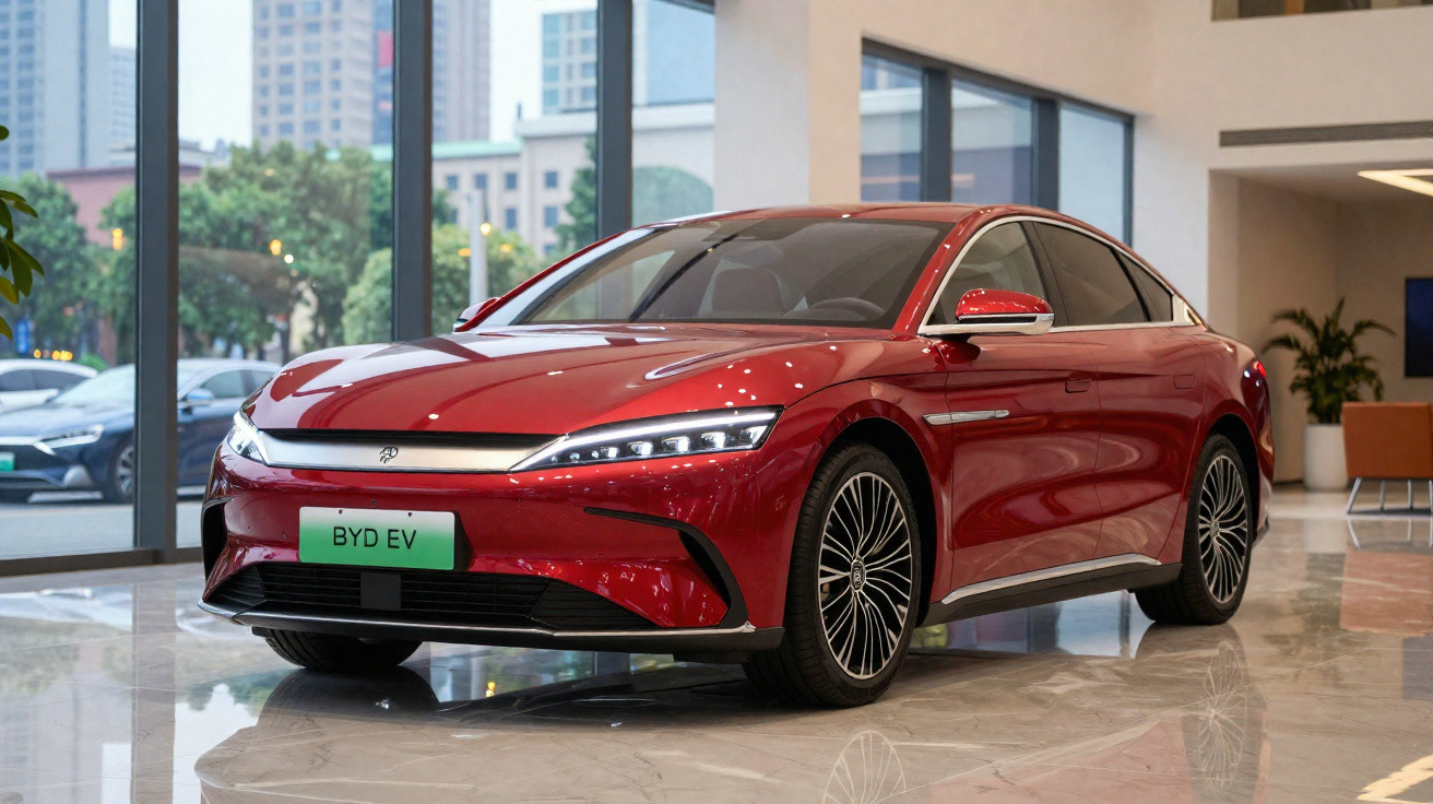 Carro elétrico BYD EV vermelho exibido em showroom moderno com piso de mármore e grandes janelas.