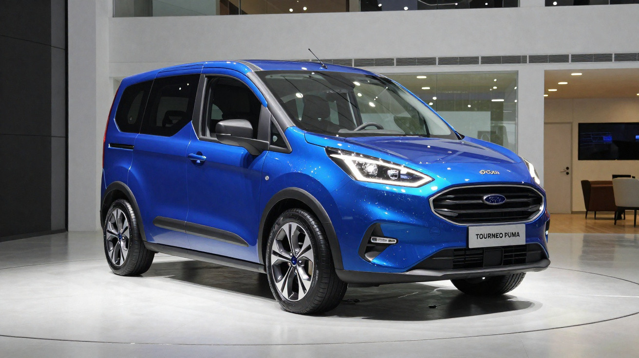 Carro Ford Tourneo Puma azul exibido em ambiente interno, com design moderno e faróis acesos.