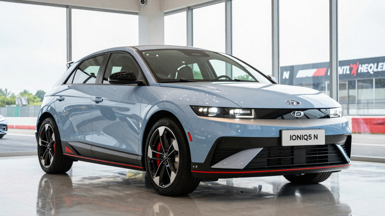 Carro elétrico Hyundai Ioniq 5 N azul claro em showroom com teto preto e detalhes vermelhos.