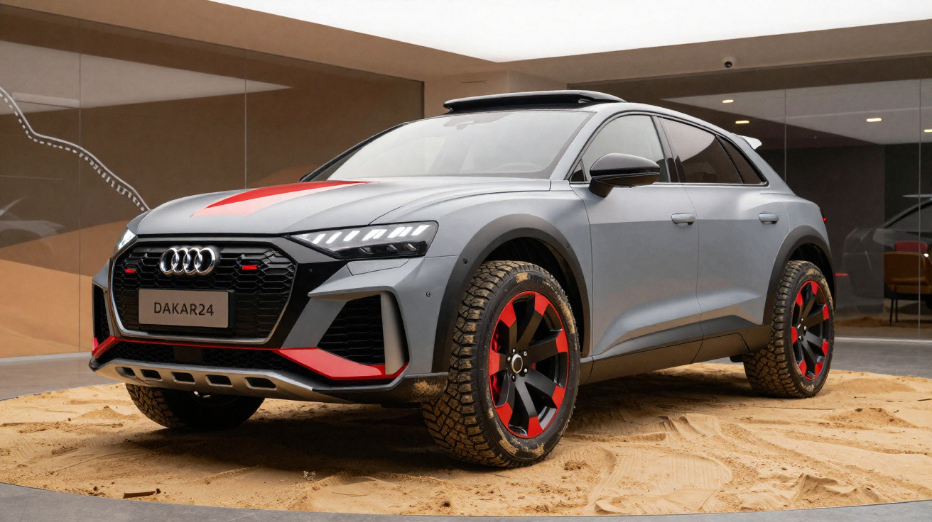 Audi SUV cinza com detalhes vermelhos, pneus off-road e placa "DAKAR24" em exibição interna.