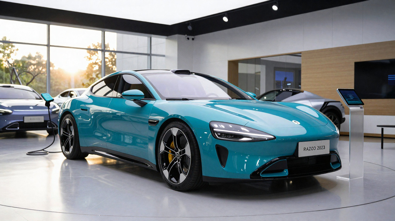 Carro esportivo elétrico azul em exposição em showroom moderno com iluminação natural e painéis de vidro.