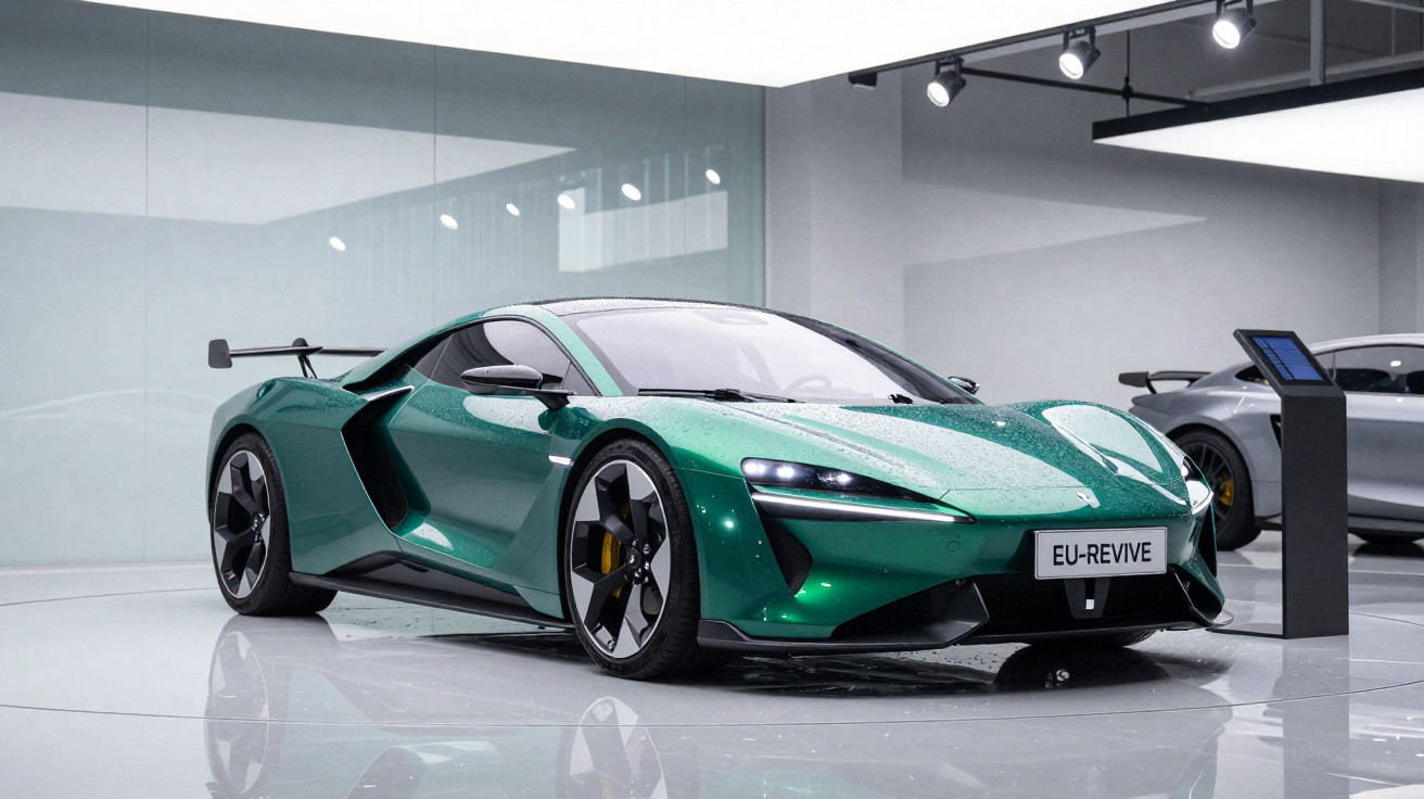 Carro esportivo verde metálico em exposição, com design aerodinâmico e faróis modernos.