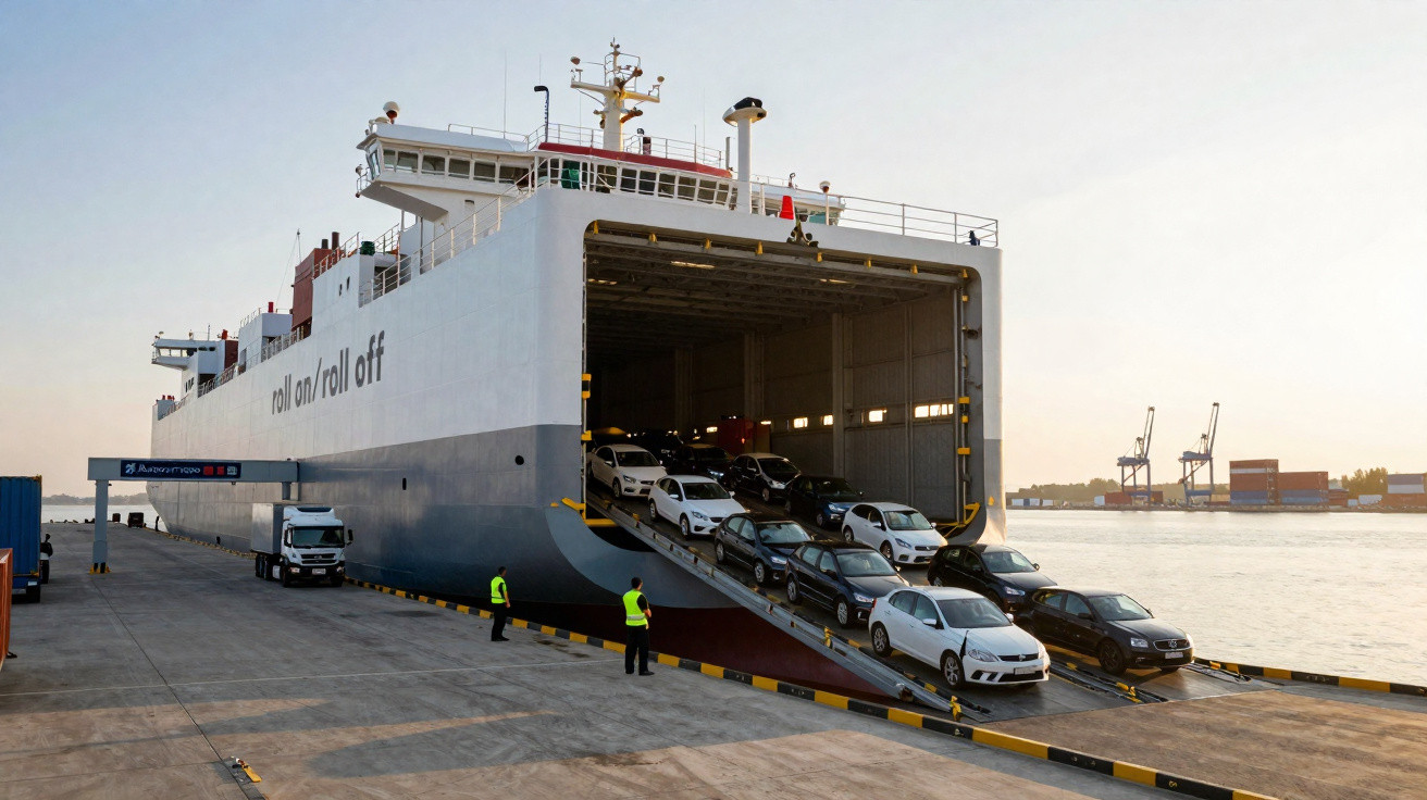 Navio cargueiro roll on/roll off descarregando carros em rampa no porto ao amanhecer.