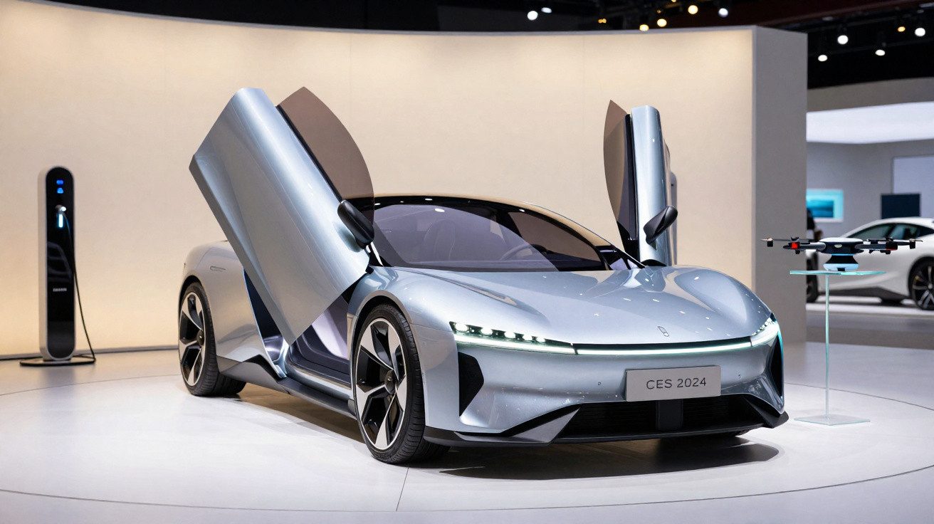 Carro elétrico esportivo prata com portas em asa de gaivota em exposição no CES 2024.