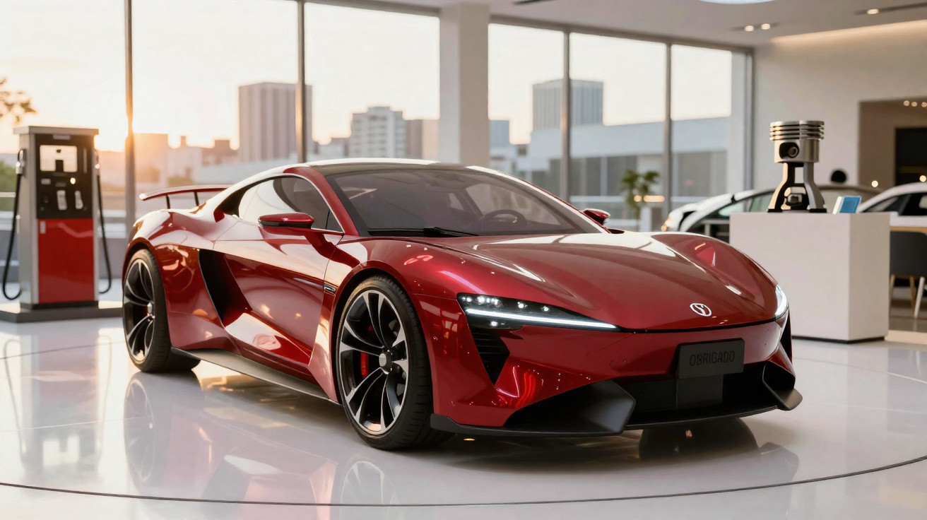 Carro esportivo vermelho brilhante em exposição em showroom moderno com janelas grandes e piso branco.