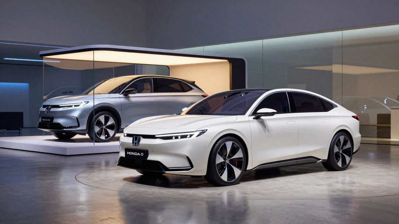 Dois carros elétricos Honda elétricos, um branco e outro prata, expostos em ambiente moderno e iluminado.