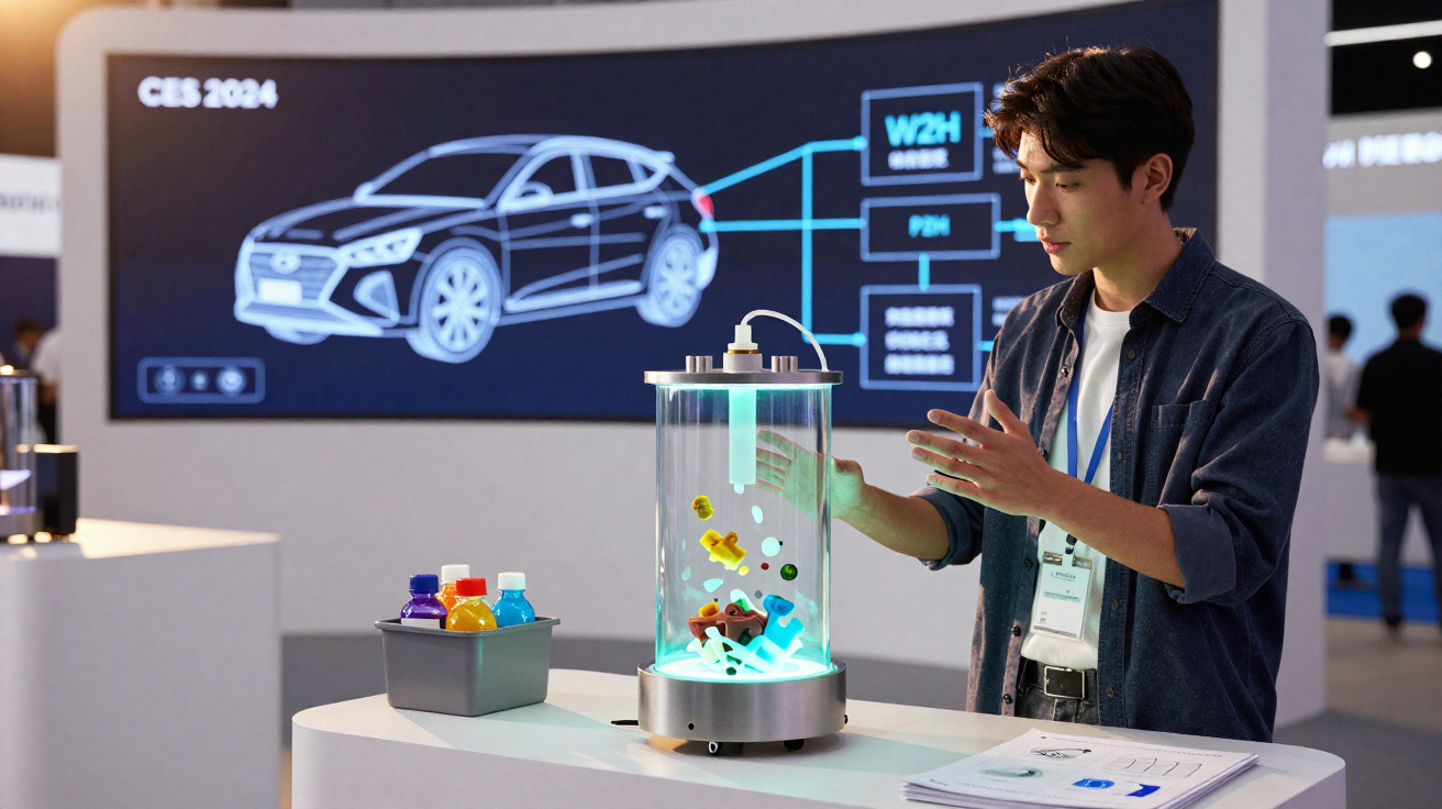 Homem interage com display tecnológico de cilindro luminoso em feira de tecnologia CES 2024.