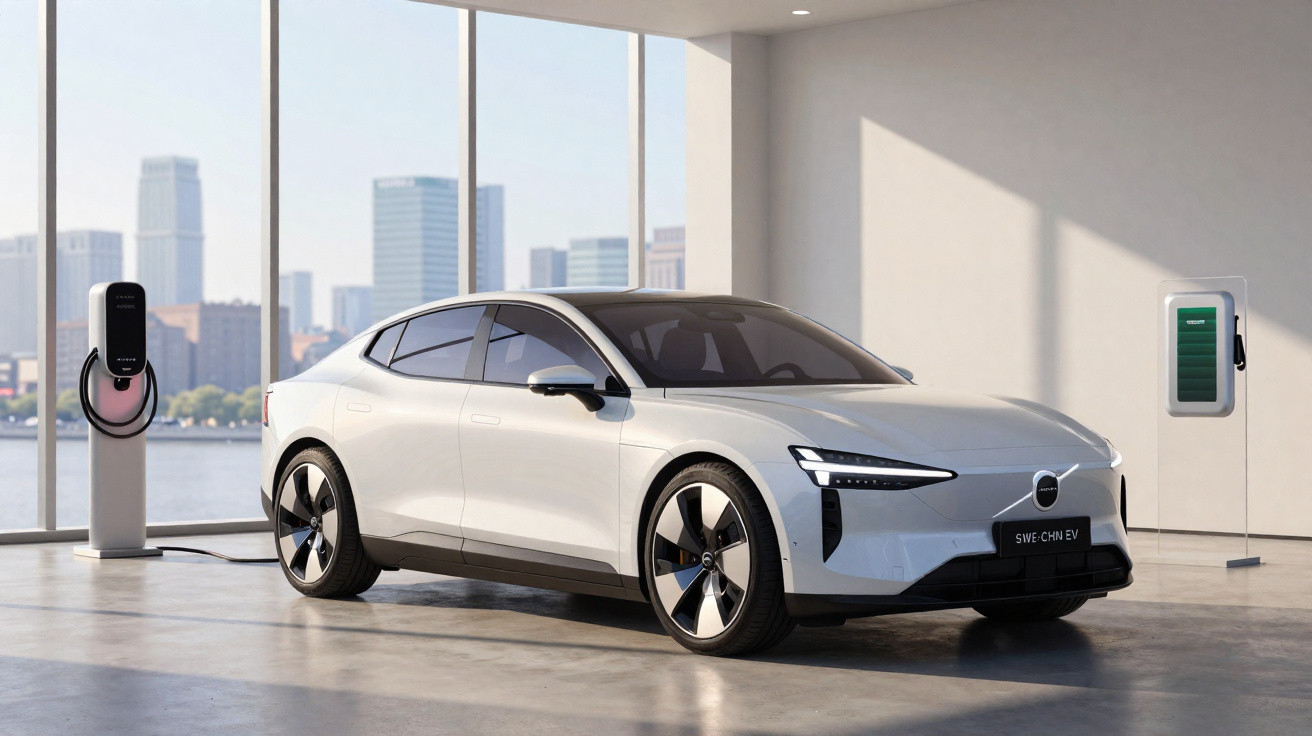 Carro elétrico branco estacionado em ambiente moderno com carregadores de energia e vista urbana ao fundo.