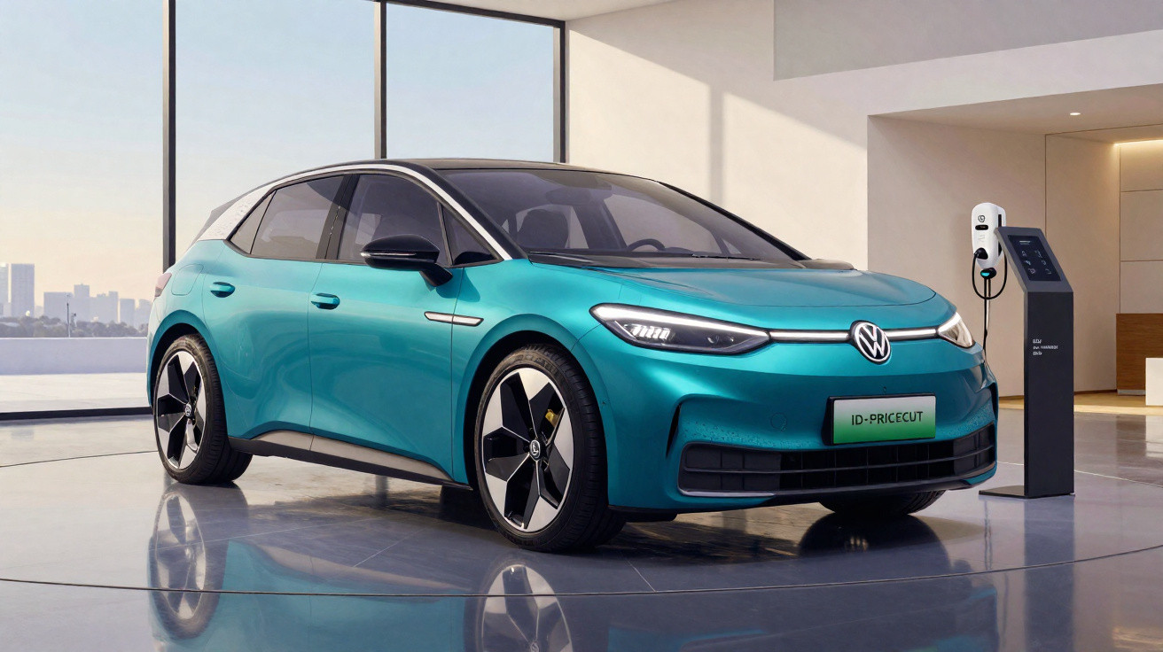 Carro elétrico Volkswagen azul sendo carregado em estação dentro de ambiente moderno e iluminado.