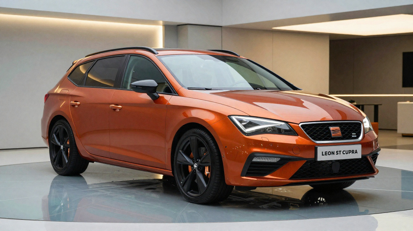 Carro esportivo laranja SEAT Leon ST Cupra estacionado em ambiente interno moderno e iluminado.