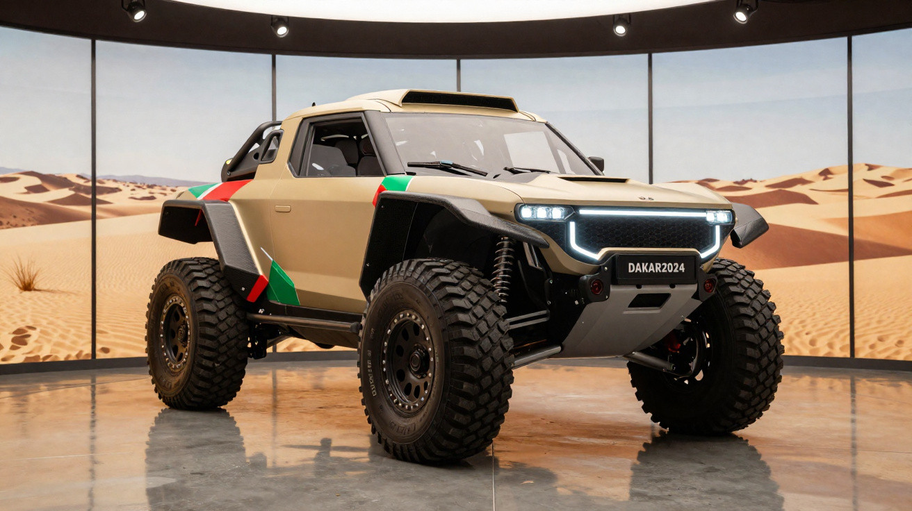 Veículo off-road com pneus robustos e pintura bege com detalhes em verde e vermelho, exposto com fundo de deserto.